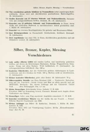 Silber, Bronze, Kupfer, Messing, Verschiedenes (Nr. 757-803)