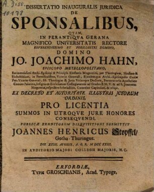 Dissertatio Inauguralis Iuridica De Sponsalibus