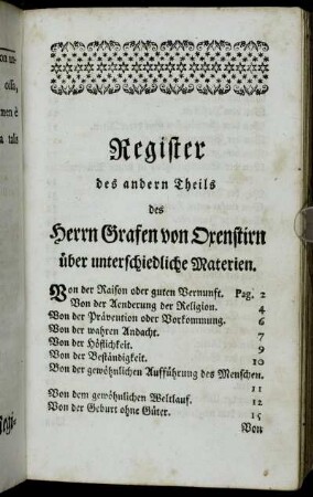 Register des andern Theils des Herrn Grafen von Oxenstirn über unterschiedliche Materien.