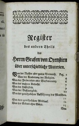 Register des andern Theils des Herrn Grafen von Oxenstirn über unterschiedliche Materien.