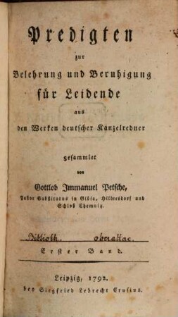 Predigten zur Belehrung und Beruhigung für Leidende : aus den Werken deutscher Kanzelredner gesammlet, 1