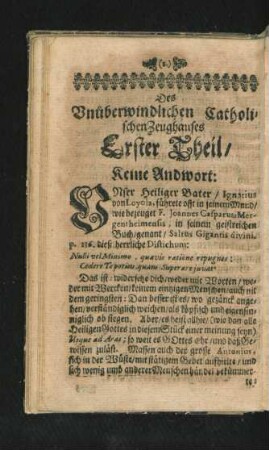 Des Unüberwindlichen Catholischen Zeughauses Erster Theil