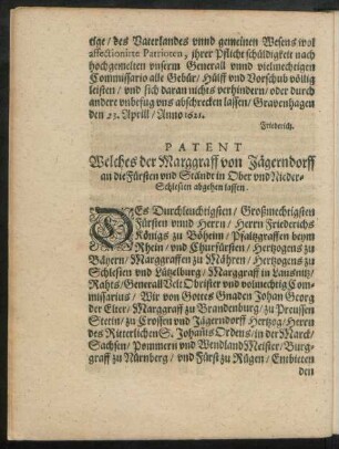 Patent Welches der Marggraff von Jägerndorff an die Fürsten und Ständt in Ober und Nieder-Schlesien abgehen lassen.