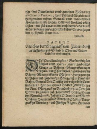 Patent Welches der Marggraff von Jägerndorff an die Fürsten und Ständt in Ober und Nieder-Schlesien abgehen lassen.