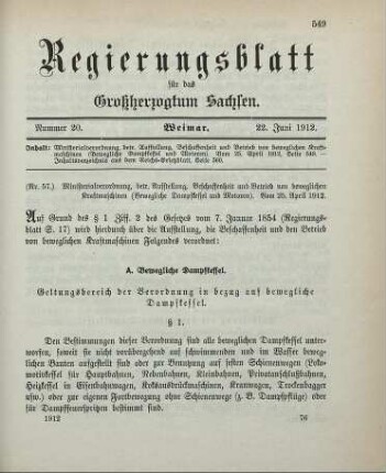 Nr. 57: Ministerialverordnung, betreffend Aufstellung, Beschaffenheit und Betrieb von beweglichen Kraftmaschinen (Bewegliche Dampfkessel und Motoren)