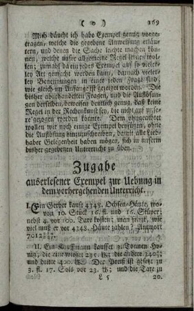 Zugabe auserlesener Exempel zur Uebung in den vorhergehenden Unterricht.