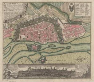 Plan von Magdeburg, Kupferstich, um 1750 : Magdeburgum : Ducatus cognominis Metropolis ad Albium, sub Ditione Regis Borußiae bene munitum ac florens Emporium, in quo Tribunal Provinciale, Consistorium et Camera constituta ; Cum Gratia et Privil. S. R. I. Vicariatus, in partibus Rheni, Sveviae, et Juris Franconici =Magdeburg : die Haupt Statt eines Herzogthumß gleiches Nahmens, an der Elb dem König in Preussen zustaendig / Operâ et cielo Matthaei Seutteri, Chalc. Augustani. - Augspurg , [umor 1750]. - 1 Kt. : kolor. Kupferst. ; 57 x 50 cm