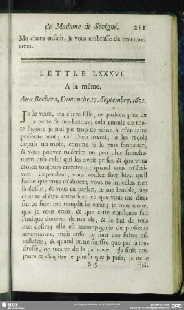 Lettre LXXXVI. A la même. Aux Rochers, Dimanche 27. Septembre, 1671