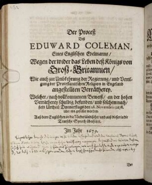 Der Prozeß Des Eduard Coleman, [...]