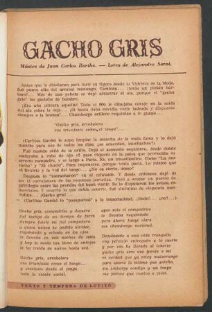 Gacho gris : Música de Juan Carlos Barthe - Letra de Alejandro Sarni