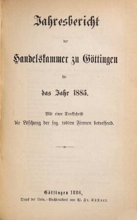 Jahresbericht der Handelskammer zu Göttingen : für d. Jahr ... 1885 (1886)