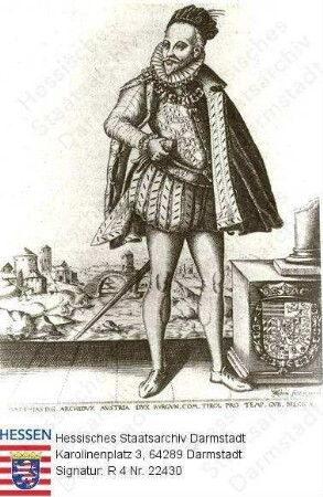 Matthias Kaiser Römisch-Deutsches Reich (1557-1619) / Porträt, vor Stadtpanorama stehend, Ganzfigur, am rechten Säulenfragment: Wappen, mit lateinischer Bildunterschrift