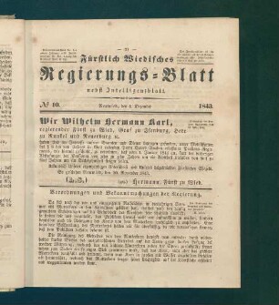 Regierungs-Blatt der Fürstlich-Wiedischen Regierung in Neuwied