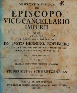 Dissertatio Ivridica De Episcopo Vice-Cancellario Imperii