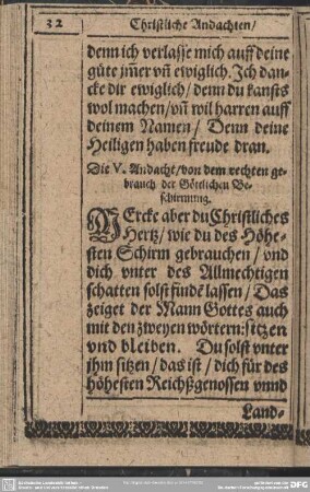 Die V. Andacht, von dem rechten gebrauch der Göttlichen Beschirmung