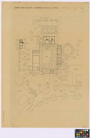 Göritz (Kreis Schlawe): Hof Berthold Dähling. Lageplan mit. - Wohnhaus (Grundriss). - Backhaus (Grundriss). - Scheune (Grundriss). - Torhaus mit Kuh- und Schafstall (Grundriss). - Nachbargebäude (Umrisse). - Teich (Umriss). - Pferde- und Schweinestall (Grundriss). - Abort (Grundriss)