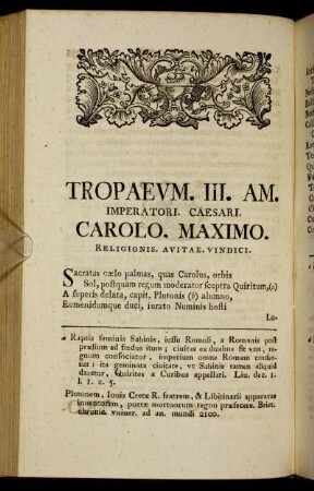 Tropaevm. III. AM. Imperatori. Caesari. Carolo. Maximo. Religionis. Avitae. Vindici.