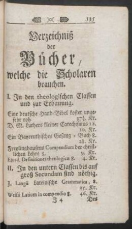 Verzeichniß der Bücher, welche die Scholaren brauchen