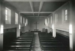 Dresden-Altstadt, Brühlscher Garten 4. Gemeindesaal (1957-1958; H. Rettig) der Evangelisch-Reformierten Gemeinde. Inneres nach Osten von der Orgelempore