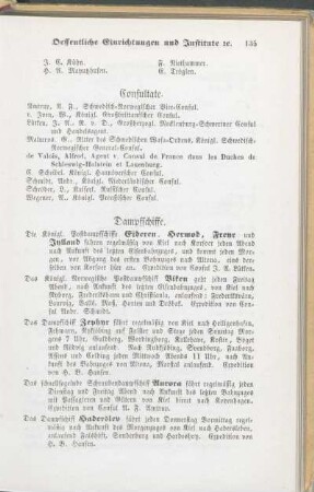 Dampfschiffe. [Delicatessenhandungen. Destillateure. Drechsler. Droguerie- und Farbenwaaren-Handlungen. Die Eisengießerei und Maschinenfabrik von Schweffel & Howaldt. Eisen- und Kurzewaaren-Handlungen. Eisen-, Mühlstein- und Steinkohlen-Handlungen. Eisenwaaren-Lager.]