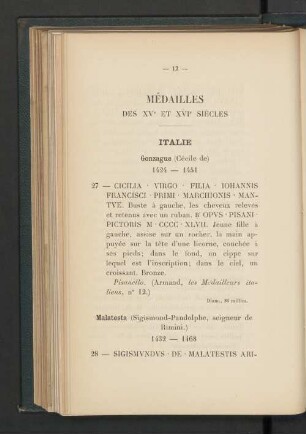 Médailles des XVe et XVe siècles