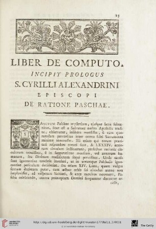 Liber de Computo incipit prologus S. Cyrilli Alexandrini Episcopi De Ratione Paschae