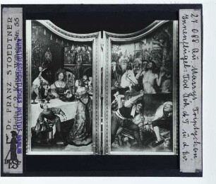 Massys, Altar der Schreinergilde (Antwerpen KMSK 245-249) : Außenflügel; links: Salome wird der Kopf von Johannes dem Täufer gebracht; rechts: Das Martyrium von Johannes dem Evangelisten