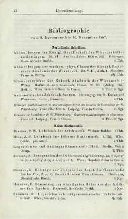 Bibliographie vom 2. November bis 10. December 1857.