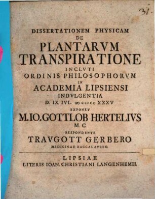 Dissertationem Physicam De Plantarvm Transpiratione