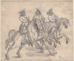 Drei Reiter mit flachen Mützen; Vorzeichnung zu Balthasar Küchlers: "Repraesentatio der Fürstlichen Auffzug und Ritterspil..." 1609