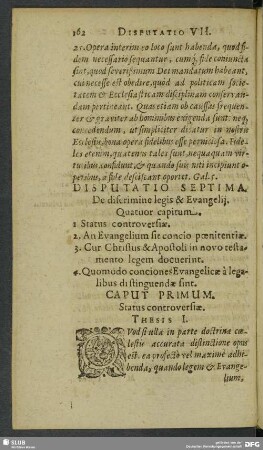 Disputatio Septima. De discrimine legis & Evangelii. Quatuor capitum