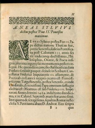 Aeneas Sylvius dictus postea Pius II. Pontifex maximus.