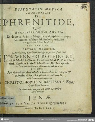 Disputatio Medica Inauguralis De Phrenitide