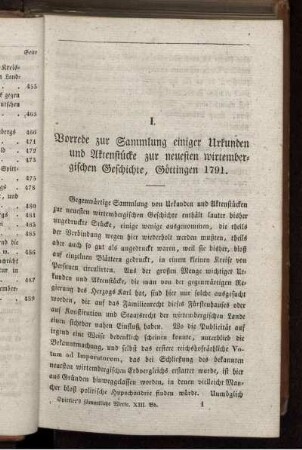 I. Vorrede zur Sammlung einiger Urkunden und Aktenstücke zur neuesten wirtembergischen Geschichte, Göttingen 1791