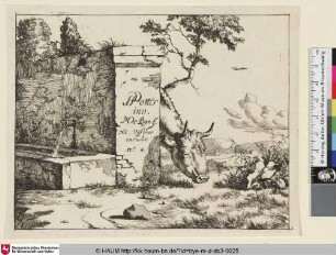 [Titre, sur la gauche est une fountaine, derrière laquelle est une vache dont on ne voit que la tête; Im linken Vordergrund ein Brunnen vor einer Mauer, dahinter eine Kuh]