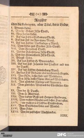 Register über die Rubriquen, oder Titul, derer Lieder
