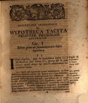 Dissertatio Inauguralis Juridica, De Hypotheca Tacita Propter Pecuniam Lustricam : Occasione Ordin. Proc. Magdeb. C. XLIX. §. 54
