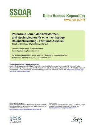 Potenziale neuer Mobilitätsformen und -technologien für eine nachhaltige Raumentwicklung - Fazit und Ausblick