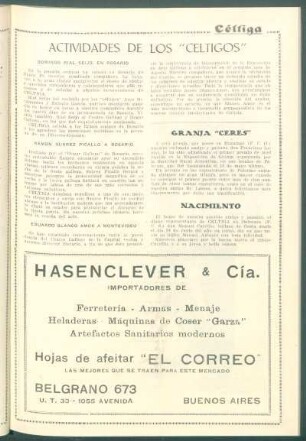 Actividades de los "Céltigos" : Domingo Rial Seijo, en Rosario[,] Ramón Suárez Picallo a Rosario[,] Eduardo Blanco Amor a Montevideo[,] Granja "Ceres" [y] Naciemiento