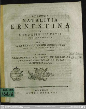 Sollemnia Natalitia Ernestina In Gymnasio Illustri Pie Celebranda Indicit