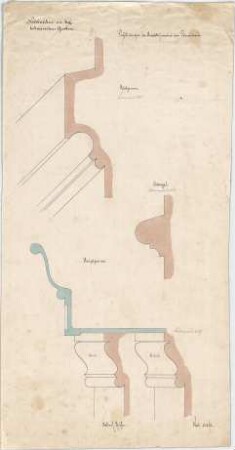Voit, August von; München; Botanischer Garten - Profilierungen der Anschlussmauer am Palmenhaus, Gurtgesims, Astragal u. Hauptgesims (Schnitte)