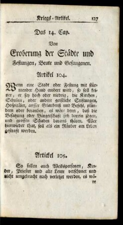 Das 14. Cap. Von Eroberung der Städte und Festungen, Beute und Gefangenen