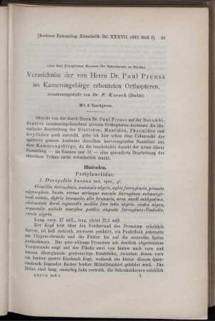 Verzeichniss der von Herrn Dr. Paul Preuss im Kamerungebirge erbeuteten Orthopteren,