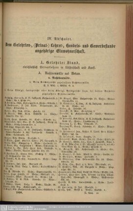 IV. Abschnitt. Dem Gelehrten-, ( Privat-) Lehrer-, Handels- und Gewerbestande angehörige Einwohnerschaft