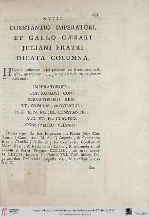 XVIII. Constantio imperatori et gallo caesari Juliani fratri dicata columna