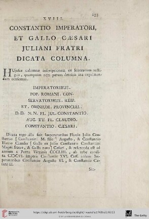 XVIII. Constantio imperatori et gallo caesari Juliani fratri dicata columna