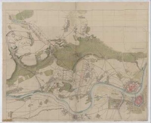 Plan von Truppenübungen in der Lößnitz bei Dresden, ca. 1:10 000, Handzeichnung, um 1750 : Plan von Truppenübungen in der Lößnitz bei Dresden]. - [Ca. 1:10 000]. - [S.l.] , [um 1750?]. - 1 Kt. : kolor. Handzeichng. ; 92 x 72 cm