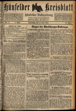 Erste Ausgabe vom Donnerstag, den 18. April 1929.