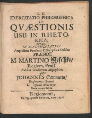 Exercitatio Philosophica De Quaestionis Usu In Rhetorica