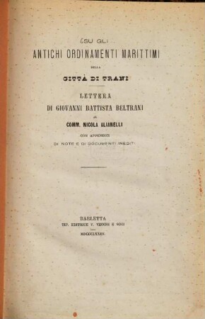 Su gli antichi ordinamenti marittimi della Città di Trani